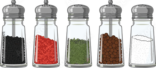 Glass spice grinders set with pepper, salt, herbs and chili flakes isolated on white background realistic kitchen seasoning vector illustration collection