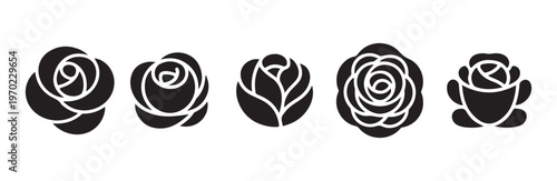 Geometric rose flower icons set of black symmetrical silhouettes for stamps and labels usage
