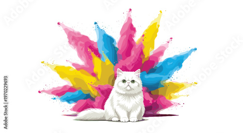 A fluffy white Persian cat with green eyes sits calmly in front of a large, dynamic colorful powder explosion on a white background.