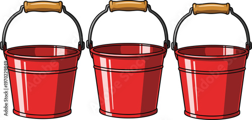Red bucket vector illustration set, metal pail with handle, household container, cleaning tool design, flat style isolated on white background