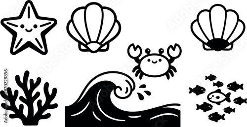 Cute sea creatures starfish crab shells coral wave and fish line art vector