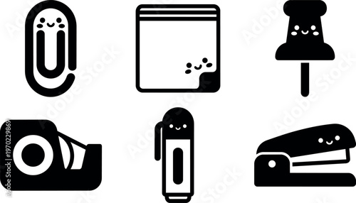 Black and white cute stationery icons with happy faces