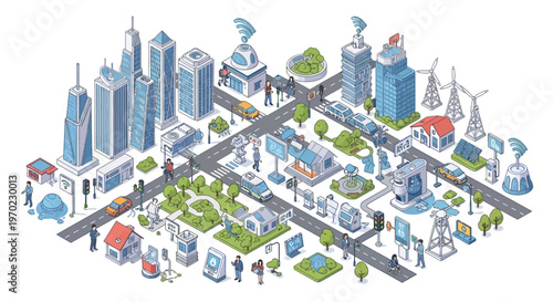 Isometric illustration of a smart city with futuristic buildings, renewable energy sources, and advanced transportation systems.