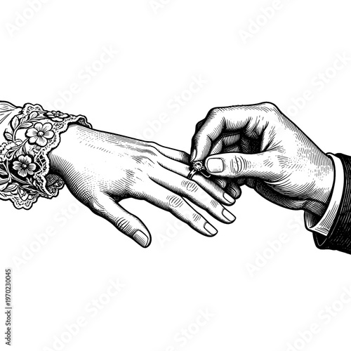 Antique hands putting on diamond wedding ring etching illustration