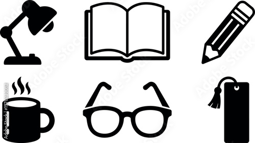 Black and white vector icons of desk lamp book pencil coffee glasses bookmark