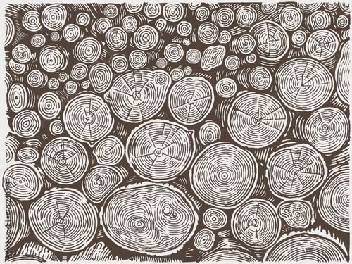 Monochrome background composed of sawn tree rings. The background is hand-drawn, engraving-style vector illustration, based on my own photo and inspired by rural life.