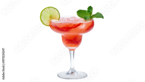 Cuadro en lienzo Isolated refreshing strawberry margarita cocktail with ice, lime, and mint in a