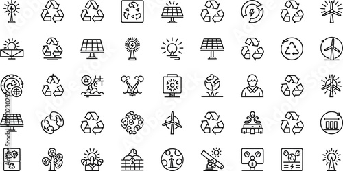 Renewable energy and sustainability line icon set featuring solar wind recycling minimal outline vector collection