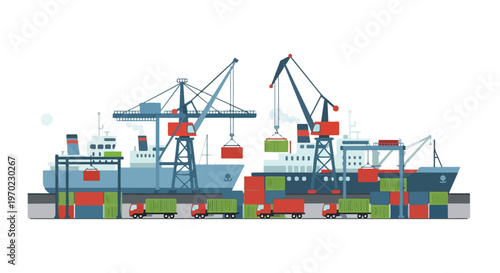 A flat vector illustration of an active port with ships, cranes, trucks, and stacked containers, incorporating simple geometric elements, a modern flat design, and a white background.