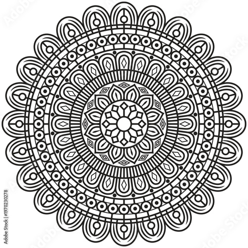 A beautifully detailed decorative mandala design created with intricate floral and geometric elements arranged in a perfectly balanced circular composition.