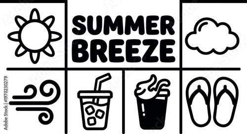 Summer breeze text with sun cloud wind drink ice cream and flip flop icons black and white vector art