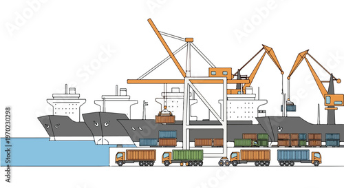 A minimal flat vector illustration showing ships, cranes, trucks, and containers operating together at a busy port, featuring a clean flat design, simple geometric shapes, and a white background.