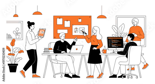 Coworking space in minimalist orange and white line art for business website