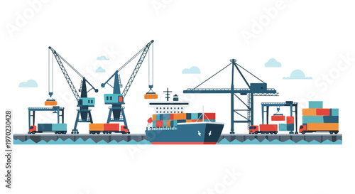 Minimal flat vector illustration showing ships, cranes, trucks, and containers working together at a busy port, clean flat design, simple geometric shapes, white background