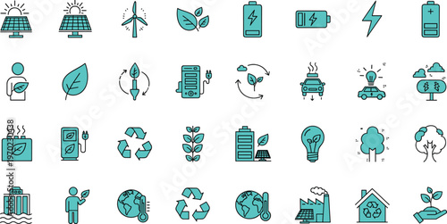 Renewable energy and sustainable technology line icon set featuring solar panels wind turbines electric vehicles batteries and recycling