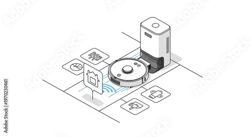 Isometric Robot Vacuum Cleaner with Docking Station and Smart Home Interface Icons, Automated Cleaning Technology Illustration