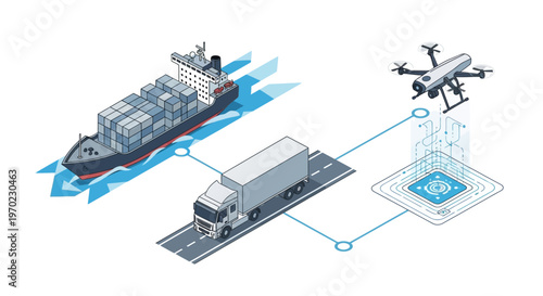 Isometric Smart Logistics and Supply Chain Management Illustration featuring Cargo Ship, Semi Truck, and Autonomous Delivery Drone for Global Trade and Shipping.