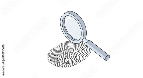 Isometric Illustration of a Magnifying Glass Examining a Digital Fingerprint Circuit Board Pattern for Cybersecurity and Biometric Data Privacy Concept