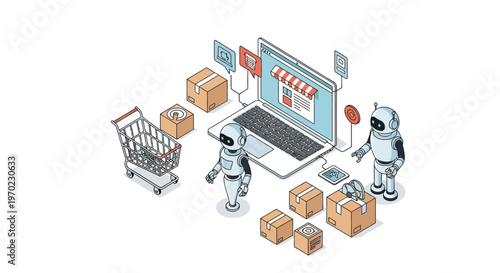 Isometric Illustration of AI Robots Managing Online E-commerce Store, Automated Logistics, and Digital Shopping Warehouse Operations