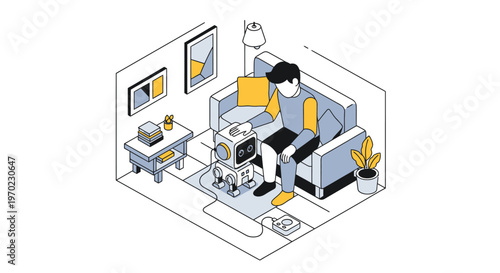 Isometric Illustration of a Man with an AI Robot Assistant in a Modern Smart Home Living Room