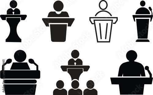 Set of Vector Icons of a Speaker at Podium with Microphone, Multiple Designs of Public Speaking Desk for Conference, Presentation, and Public Event