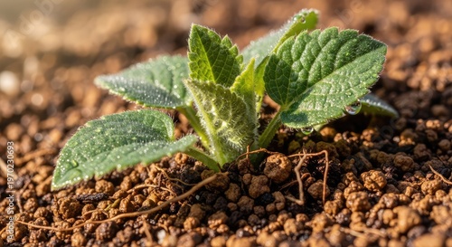 Close up of a young artichoke plant emerging from the soil showcasing its textured leaves and vibrant green hue in nature