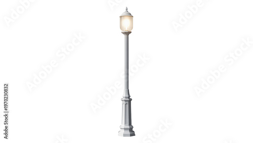 Fotografie Isolated classic white decorative lamppost illuminating softly for urban and ext