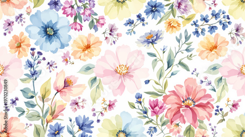 A colorful botanical background with scattered flowers and natural beauty