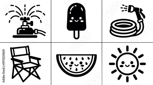 Black and white cute sun and summer icons with watermelon and ice cream