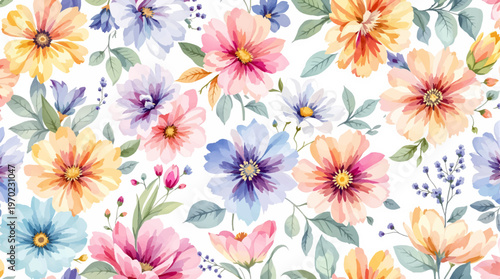 Soft pastel flowers arranged into a seamless and elegant botanical pattern