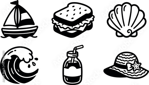 Black and white line art summer icons sailboat sandwich seashell wave juice bottle sun hat