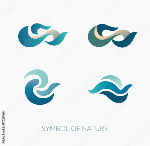 Minimalistic symbols resembling waves or a stream of air or wind. Generalized graphic symbols in vector format representing nature and its elements, emphasizing natural forms and shapes inspired by na