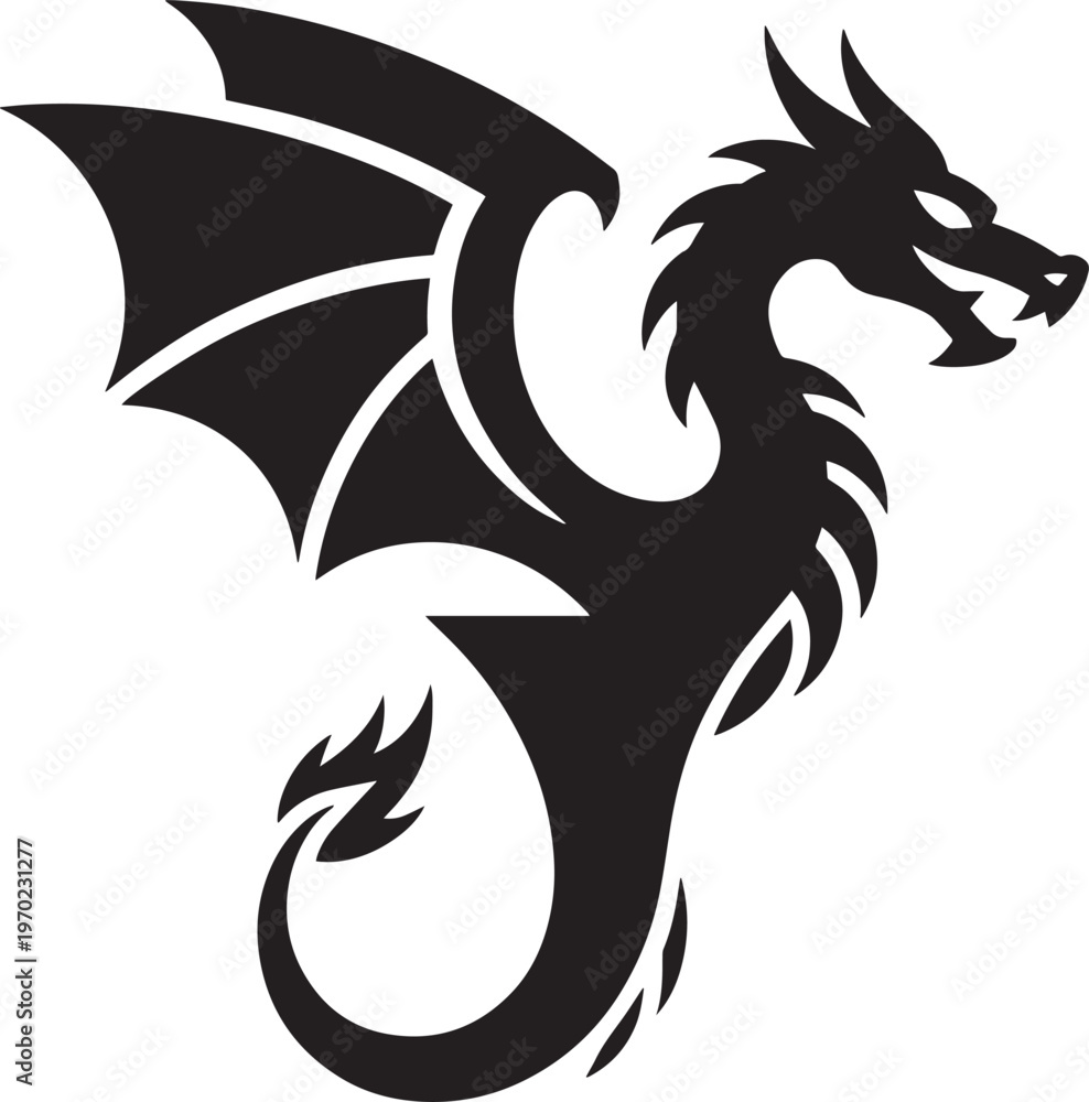 Obraz premium Stylized silhouette of a mythical dragon with wings spread, intricate detailing