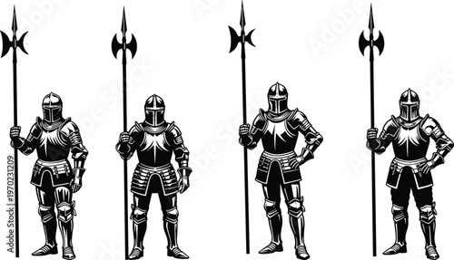 Medieval knight silhouettes in armor holding halberd weapons showing historical warriors, chivalry and ancient military concept isolated on white background