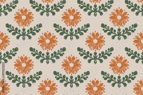 Ethnic Floral Ikat Seamless Pattern, Handcrafted Style Orange Blossom and Green Leaf Ornament, Traditional Weaving Print for Textile Design, Summer Botanical Background, Boho Chic Fabric