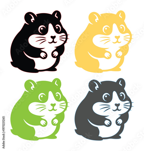Cute hamster vector icons set, adorable pet character illustrations in black yellow green and grey, 4 cartoon rodents for logo design and stickers