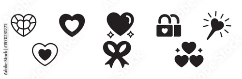 Heart icons collection with gemstone heart lock and sparkler and bow