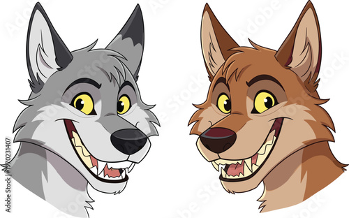 Wolf cartoon faces vector illustration, animal character heads with expressions, wild canine mascot design, flat style isolated on white background