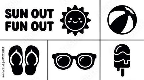 Sun out fun out summer icons with sun sunglasses flip flops and popsicle