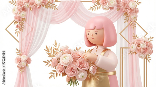 3D Illustration of Cute Female Florist Arranging Pink Rose Bouquet for Elegant Wedding Ceremony Decoration