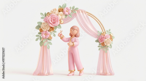 3D Illustration of Professional Female Florist Decorating Elegant Pink Wedding Flower Arch for Marriage Ceremony
