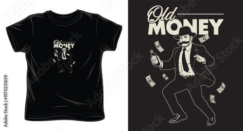 Vintage gentleman holding bottle and dancing with falling cash bills vector illustration