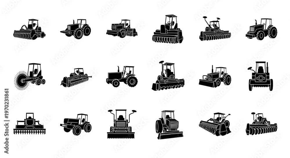 Obraz premium Black Silhouette Icons Set of Various Tractors and Farm Machinery, Numerous models of agricultural tractors, compact utility vehicles, and track-driven farm machines shown in various profiles. 