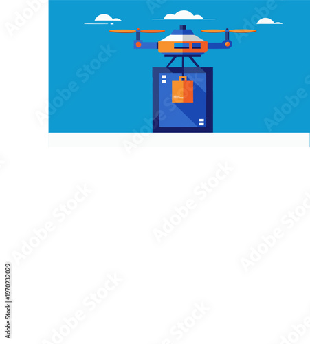 Autonomous delivery drone carrying a package in the sky. Flat vector illustration of futuristic logistics technology, contactless shipping, and air transportation service concept.