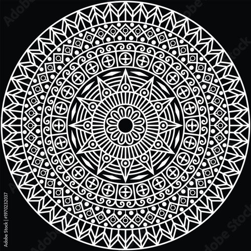 A beautifully detailed decorative mandala design created with intricate floral and geometric elements arranged in a perfectly balanced circular composition.