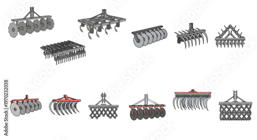 A collection of color vector harrows and tillage implements., Harrows Disc, Spring-Tooth, and Chain, Depicting various harrows and tillage equipment for soil preparation, like disk harrows, spring