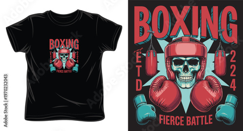 Boxing t-shirt design with skull wearing headgear, boxing gloves, and punch bags