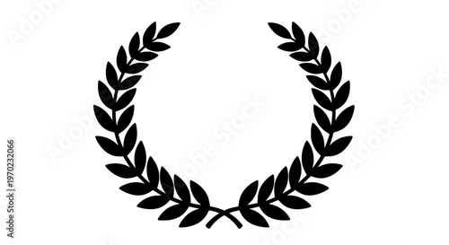 A black laurel wreath illustration on a white background