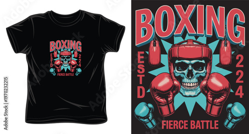 Boxing skull head with protective gear and gloves vintage emblem for sports team apparel design