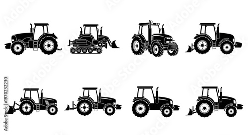 Farm tractor silhouettes collection, black icons vector set, Various modern farm tractors and machinery, including tracked, front-loader, and backhoe configurations, isolated on a white background.